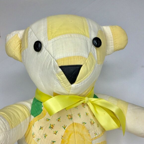 Vintage Handmade Quilted Patchwork 16" Teddy Bear  Yellow Scrapper Cutter Craft - Picture 2 of 12
